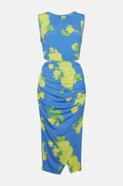 Clearance Oasis Slinky Floral Mock Wrap Cut Out Midi Dress Blue