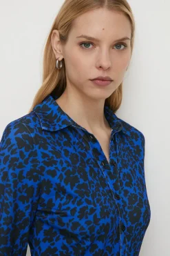 Online Oasis Slinky Floral Mock Wrap Shirt Mini Dress Blue