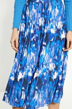 Clearance Oasis Slinky Jersey Abstract Pleated Midi Skirt Blue