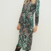 Fashion Oasis Slinky Jersey Animal Long Sleeve Shirred Cuff Midi Dress Multi