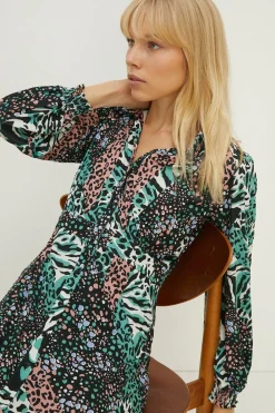 Fashion Oasis Slinky Jersey Animal Long Sleeve Shirred Cuff Midi Dress Multi