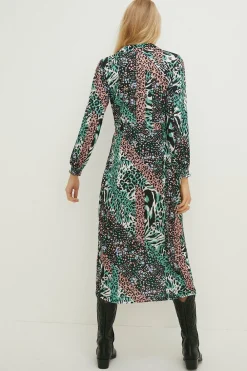 Fashion Oasis Slinky Jersey Animal Long Sleeve Shirred Cuff Midi Dress Multi