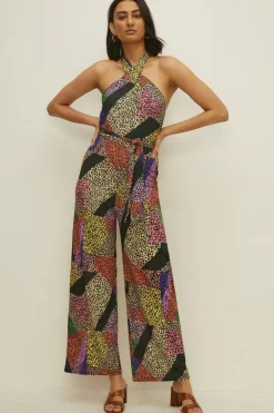 Clearance Oasis Slinky Jersey Animal Printed Halter Neck Jumpsuit Multi
