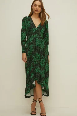 Clearance Oasis Slinky Jersey Animal Wrap V Neck Midi Dress Black