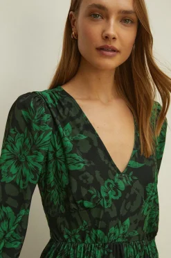 Clearance Oasis Slinky Jersey Animal Wrap V Neck Midi Dress Black