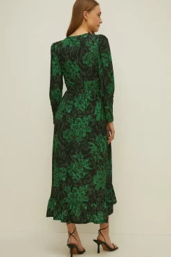 Clearance Oasis Slinky Jersey Animal Wrap V Neck Midi Dress Black