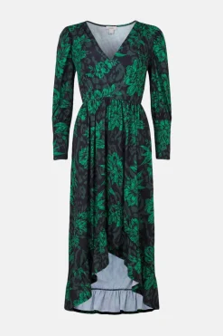 Clearance Oasis Slinky Jersey Animal Wrap V Neck Midi Dress Black