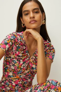 Fashion Oasis Slinky Jersey Floral Keyhole Front Midi Dress Black