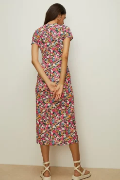 Fashion Oasis Slinky Jersey Floral Keyhole Front Midi Dress Black