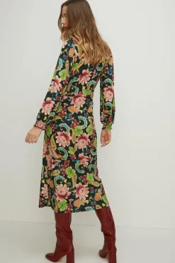 Clearance Oasis Slinky Jersey Floral Long Sleeve Shirred Cuff Midi Dress Multi