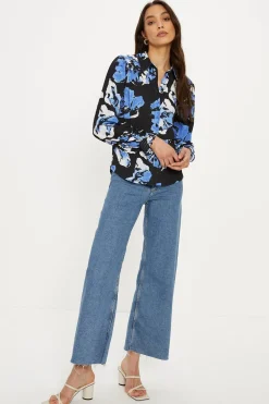 Sale Oasis Slinky Jersey Floral Long Sleeve Shirred Cuff Shirt Multi