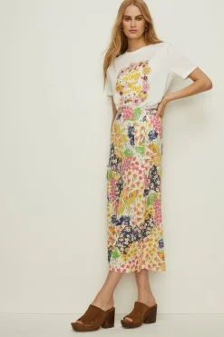 New Oasis Slinky Jersey Floral Midi Skirt Multi