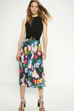 Outlet Oasis Slinky Jersey Floral Pleated Midi Skirt Black