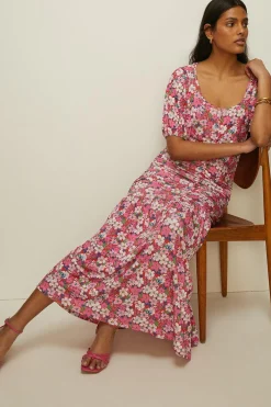 Fashion Oasis Slinky Jersey Floral Print Ruched Front Midi Dress Pink