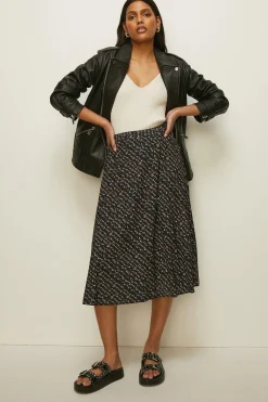 Fashion Oasis Slinky Jersey Floral Printed Pleated Midi Skirt Green