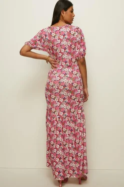 Fashion Oasis Slinky Jersey Floral Print Ruched Front Midi Dress Pink