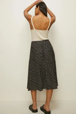 Fashion Oasis Slinky Jersey Floral Printed Pleated Midi Skirt Green