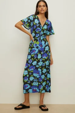 Hot Oasis Slinky Jersey Floral Ruched Front Midi Dress Blue