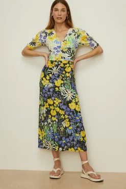 Sale Oasis Slinky Jersey Floral Ruched Front Midi Dress Multi