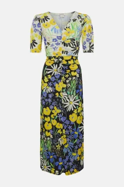 Sale Oasis Slinky Jersey Floral Ruched Front Midi Dress Multi