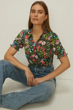 Online Oasis Slinky Jersey Floral Shirred Cuff Shirt Black