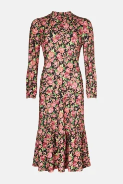Best Oasis Slinky Jersey Floral Shirred Neck Midi Dress Black