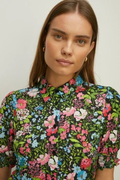 Online Oasis Slinky Jersey Floral Shirred Cuff Shirt Black