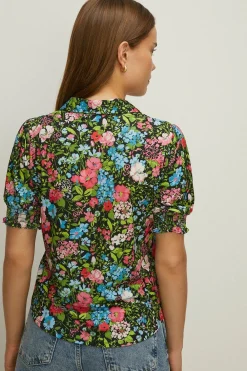 Online Oasis Slinky Jersey Floral Shirred Cuff Shirt Black