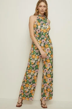 Hot Oasis Slinky Jersey Floral Tie Neck Jumpsuit Green
