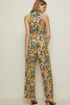 Hot Oasis Slinky Jersey Floral Tie Neck Jumpsuit Green