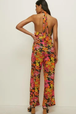 Sale Oasis Slinky Jersey Floral Twist Neck Jumpsuit Pink