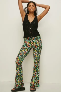 Clearance Oasis Slinky Jersey Fruit Print Flare Trouser Black