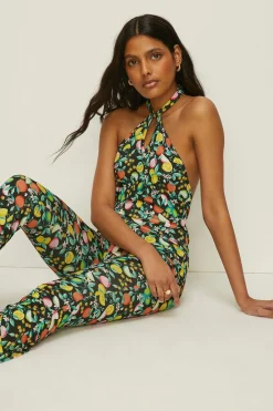 Clearance Oasis Slinky Jersey Fruit Print Flare Trouser Black