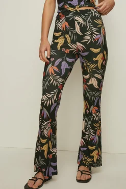 Sale Oasis Slinky Jersey Palm Print Flare Trouser Black