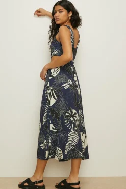 Discount Oasis Slinky Jersey Palm Print Keyhole Cut Out Midi Dress Blue