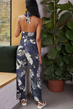 Hot Oasis Slinky Jersey Palm Twist Neck Jumpsuit Blue