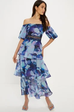 Online Oasis Smudge Floral Lace Trim Tiered Organza Midi Dress Navy
