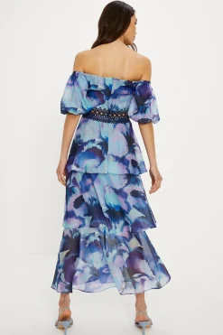 Online Oasis Smudge Floral Lace Trim Tiered Organza Midi Dress Navy