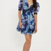 New Oasis Smudge Floral V Neck Organza Puff Sleeve Skater Dress Navy