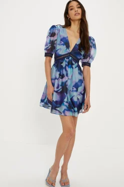 New Oasis Smudge Floral V Neck Organza Puff Sleeve Skater Dress Navy