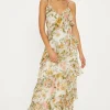 Discount Oasis Soft Floral Asymmetric Ruffle Strappy Midi Dress Ivory