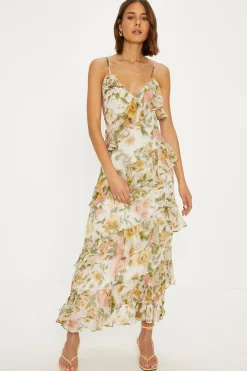 Discount Oasis Soft Floral Asymmetric Ruffle Strappy Midi Dress Ivory