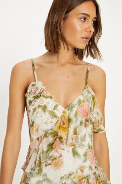 Discount Oasis Soft Floral Asymmetric Ruffle Strappy Midi Dress Ivory