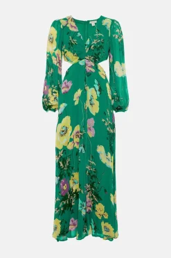 Clearance Oasis Soft Floral Button Detail Cut Out Maxi Dress Green