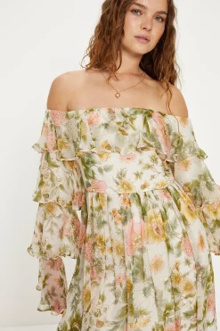 Fashion Oasis Soft Floral Chiffon Ruffle Maxi Dress Ivory