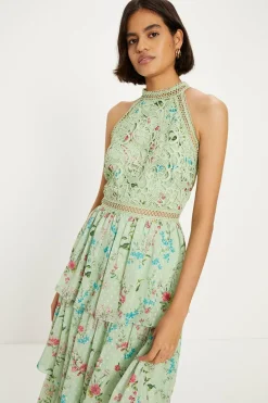 Outlet Oasis Soft Floral Lace Halter Neck Tiered Midi Dress Sage