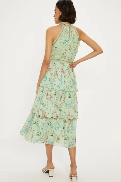 Outlet Oasis Soft Floral Lace Halter Neck Tiered Midi Dress Sage