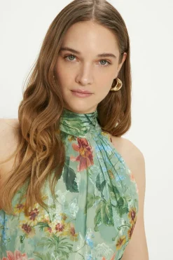 New Oasis Soft Floral Satin Burnout Halter Midi Dress Sage