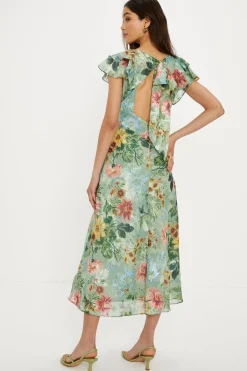 Outlet Oasis Soft Floral Satin Burnout Ruffle Midi Dress Sage