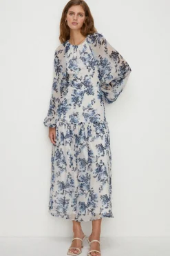 Online Oasis Soft Floral Tiered Hem Midi Dress Ivory